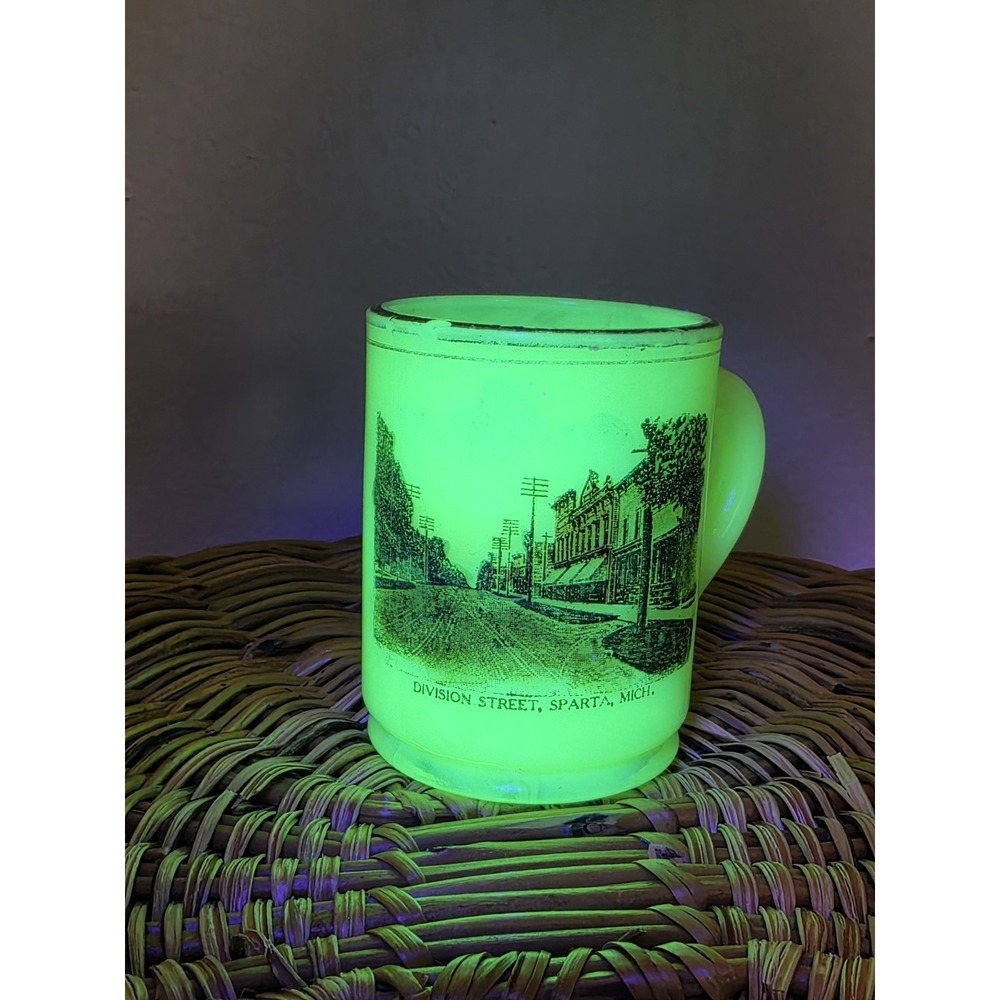 Antique souvenir custard glass Mini Cup. Sparta Michigan. Division Street